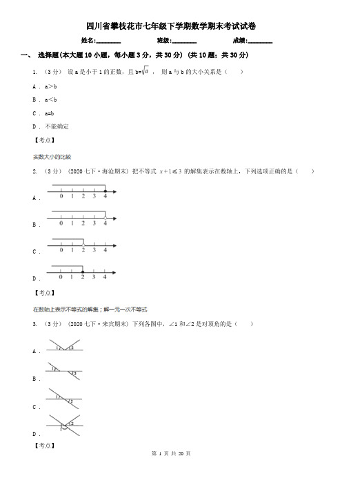 四川省攀枝花市七年级下学期数学期末考试试卷