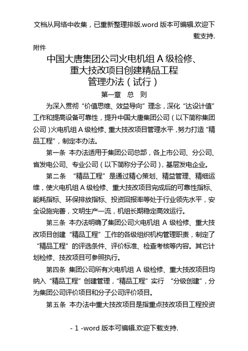 中国大唐集团公司火电机组A级检修、重大技改项目创建精品工程管理办法(试行)