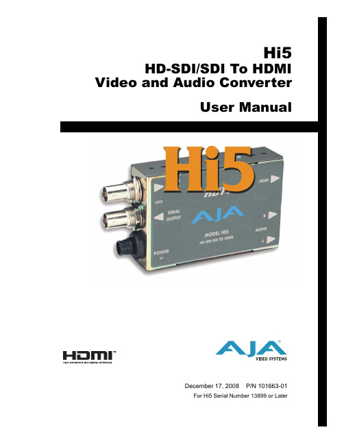 AJA Video Hi5 HD-SDI SDI To HDMI 视频和音频转换器用户手册说明书