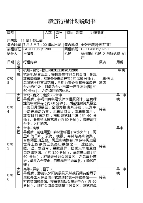 台湾旅游行程计划说明书