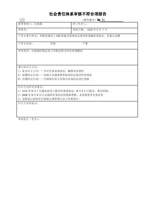 验厂 内部审核,社会责任体系不符合项报告