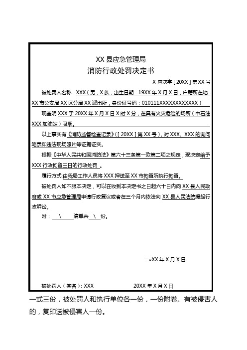 消防救援大队出具行政拘留的消防行政处罚决定书范例