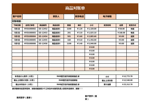 商品对账单excel模板