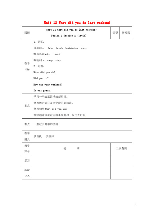 七年级英语下册Unit12Whatdidyoudolastweekend第1课时SectionA1a_2d教案_