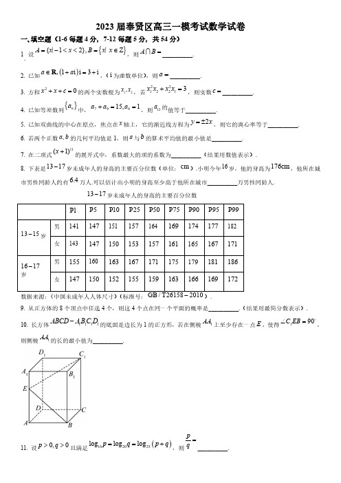 2023年上海市奉贤区高三上学期高考一模数学试卷含详解