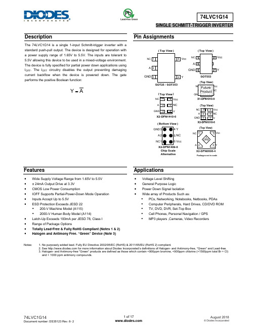 74LVC1G14 单片1输入施密特触发器翻转器说明书