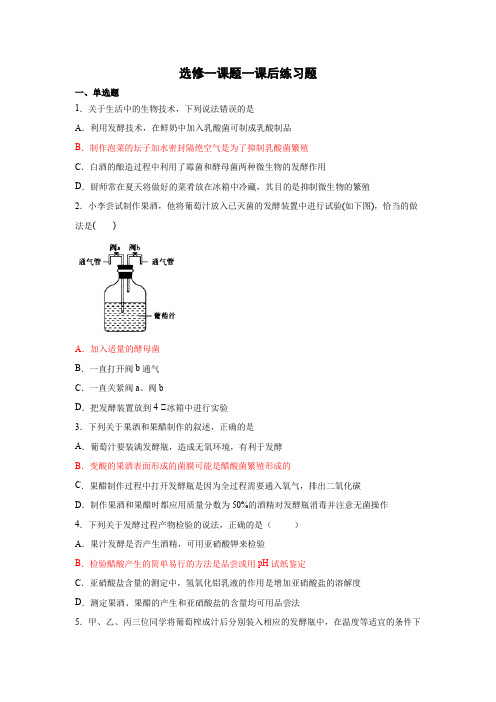 专题一传统发酵技术的应用课后练习-高二生物人教版必修1