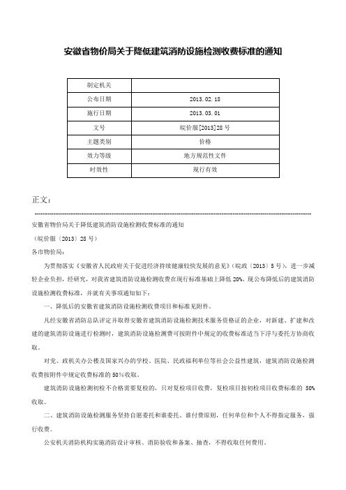 安徽省物价局关于降低建筑消防设施检测收费标准的通知-皖价服[2013]28号