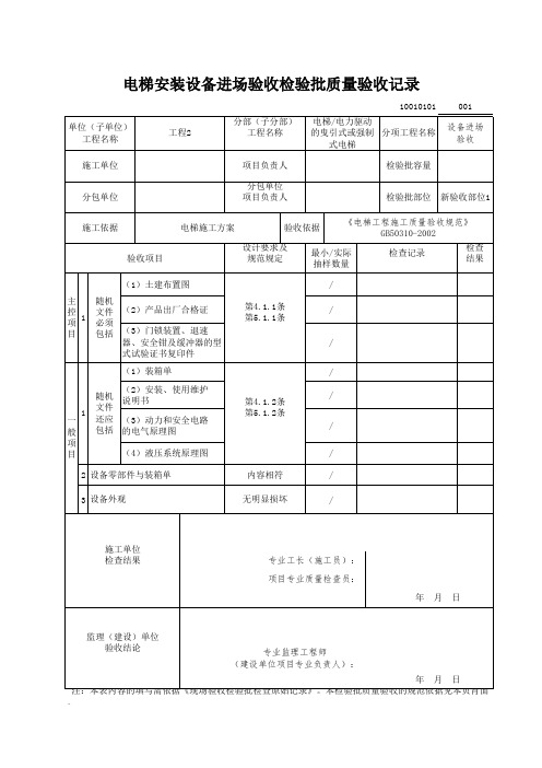 电梯安装设备进场验收检验批质量验收记录