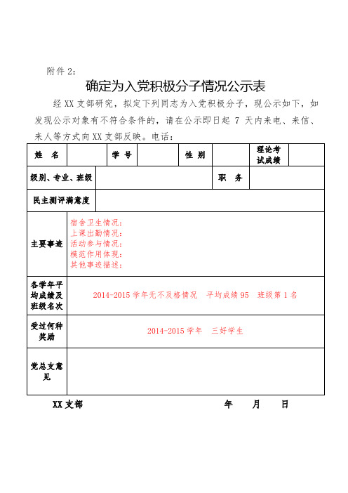 确定为积极分子情况公示表