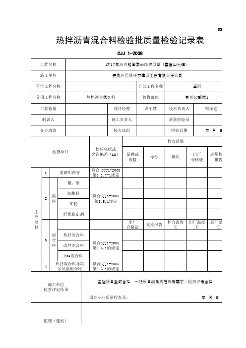 热拌沥青混合料检验批质量检验记录表