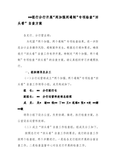银行分行开展“两加强两遏制”专项检查“回头看”自查方案