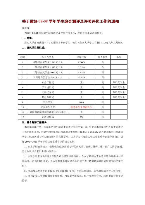 关于做好08-09学年学生综合测评及评奖评优工作的通知