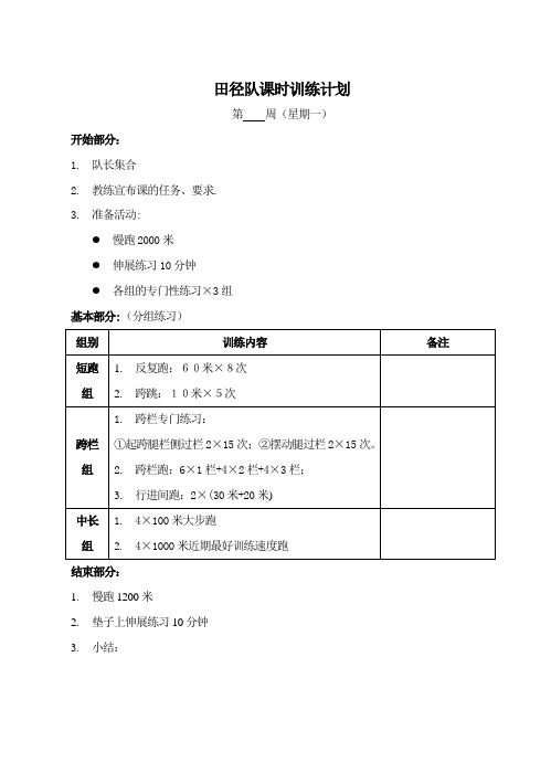 田径队课时训练计(9月)比赛前