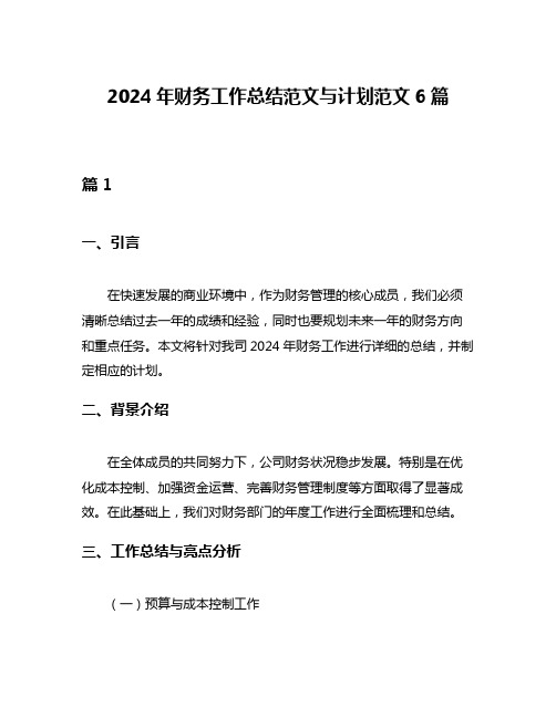 2024年财务工作总结范文与计划范文6篇