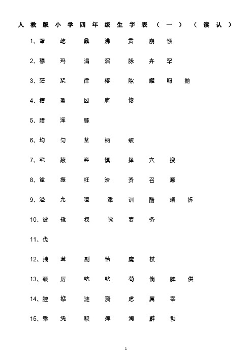 人教版四年级语文上册生字词表