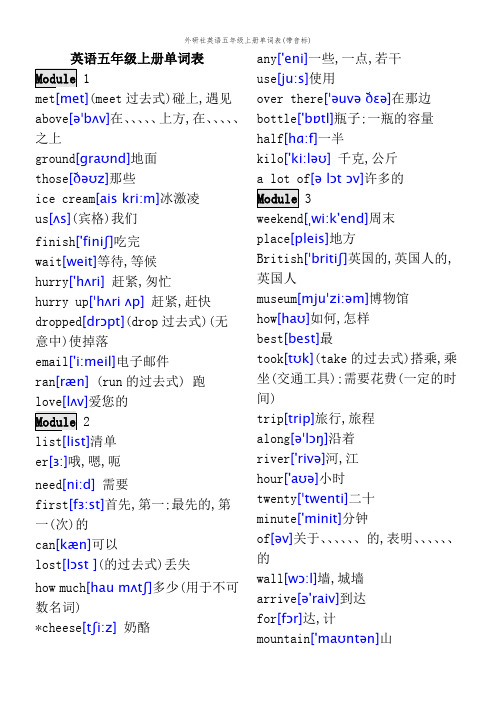 外研社英语五年级上册单词表(带音标)