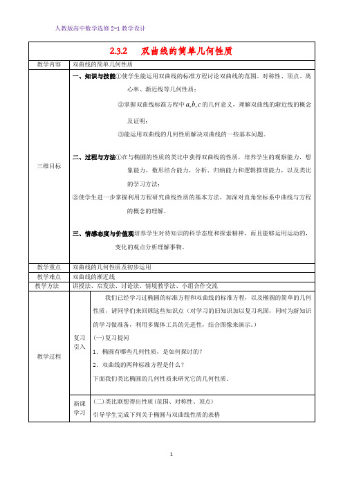 高中数学选修2-1精品教案3：2.3.2 双曲线的简单几何性质教学设计