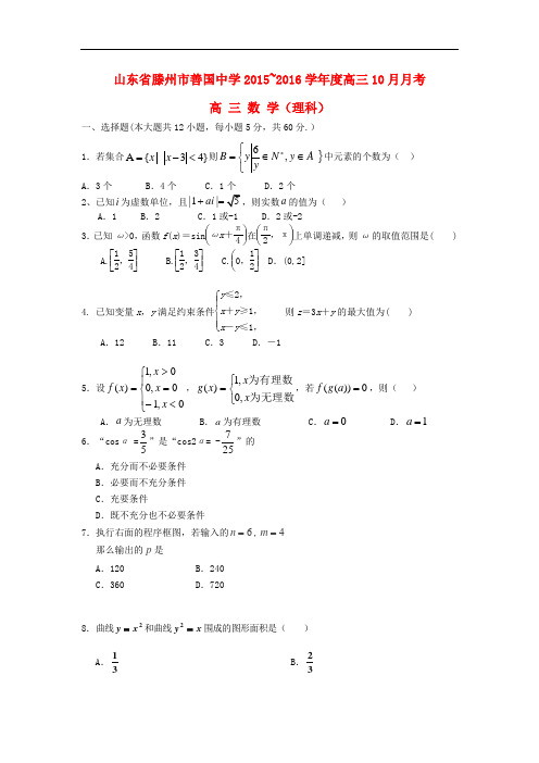 山东省滕州市善国中学高三数学上学期10月月考试题 理