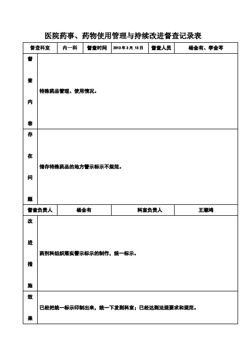 医院药事、药物使用管理与持续改进督查记录表