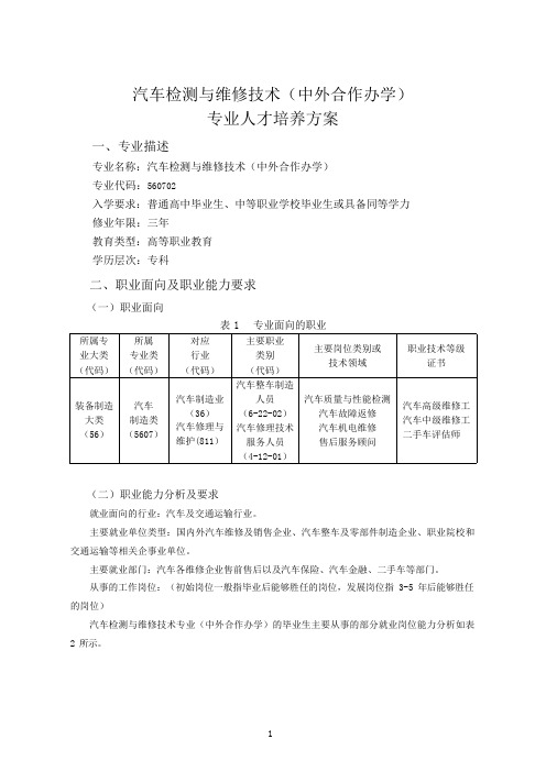 汽车检测与维修技术(中外合作办学) 专业人才培养方案(高职)