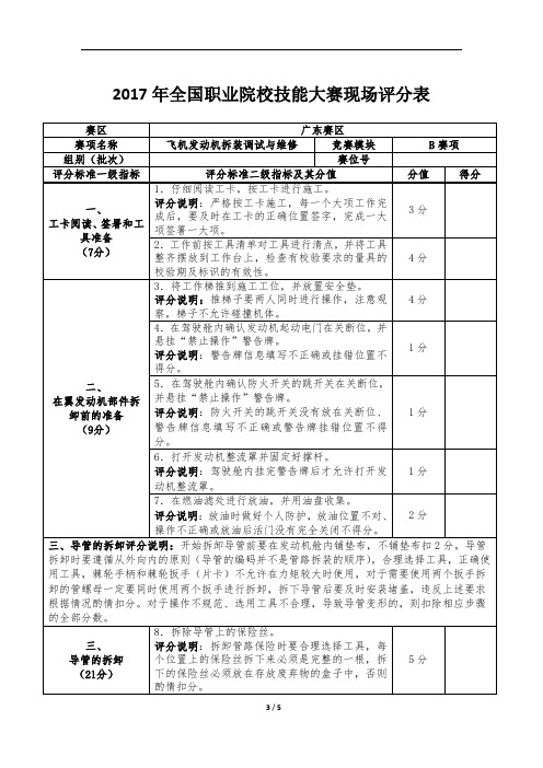 2017 技能大赛 拟设赛题 高职 飞机发动机拆装调试与维修 2017B赛项评分单