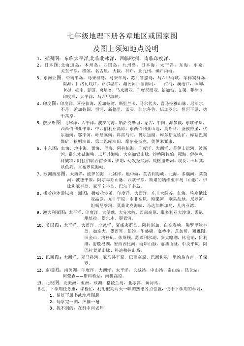 七年级下册地理各章地区或国家图及图上需知地点说明