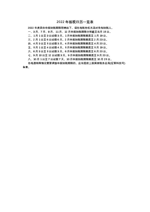 2022年报税日历一览表