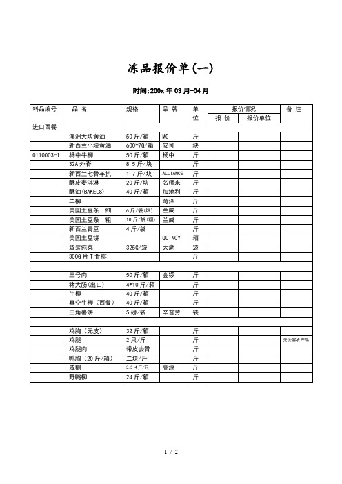 冻品报价单(doc 2页)