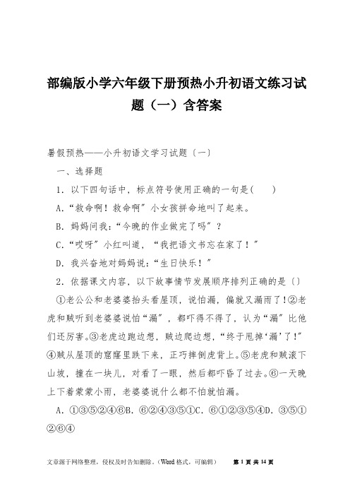 部编版小学六年级下册预热小升初语文练习试题(一)含答案