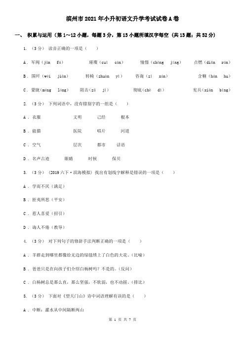 滨州市2021年小升初语文升学考试试卷A卷
