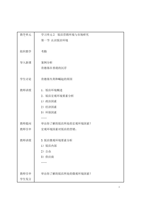 酒店市场营销教材配套教案第2-2单元认识饭店环境