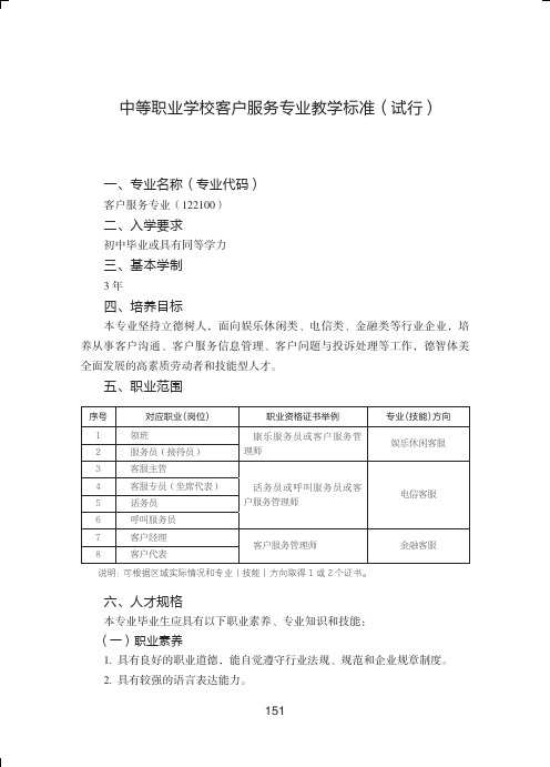 中等职业学校客户服务专业教学标准(试行)