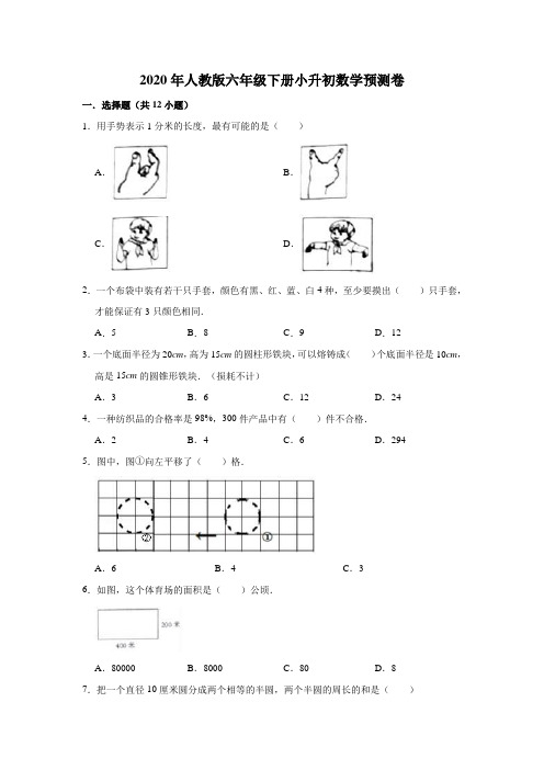 六年级下册数学试题-2020年小升初数学预测卷(8)(有答案)人教版