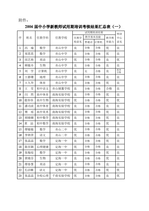 中小学新教师试用期培训考核结果汇总表(一)