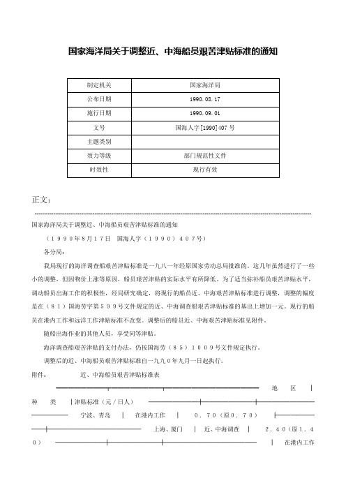 国家海洋局关于调整近、中海船员艰苦津贴标准的通知-国海人字[1990]407号