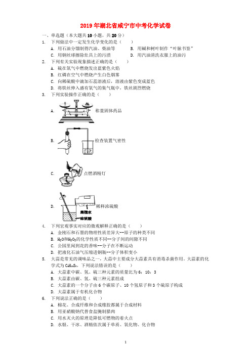 (化学中考真题)2019年湖北省咸宁市中考化学试题(word版含答案解析)