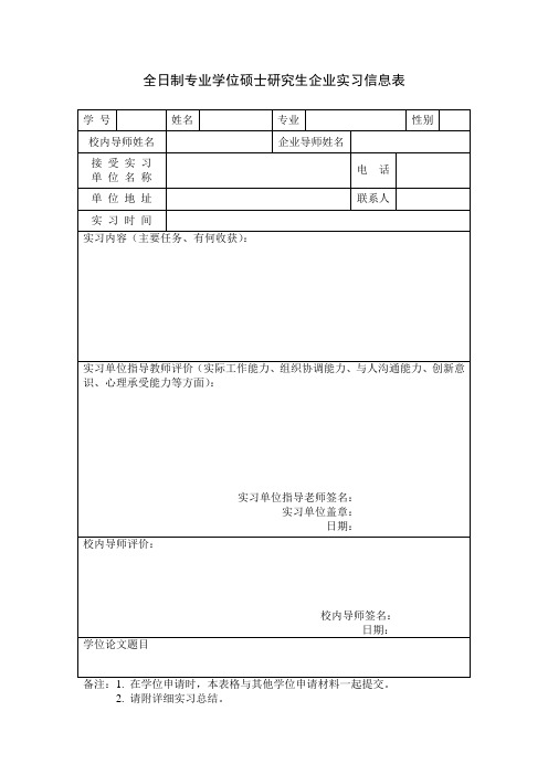 8 全日制专业学位硕士研究生企业实践信息表(附实习总结,实习单位盖章)