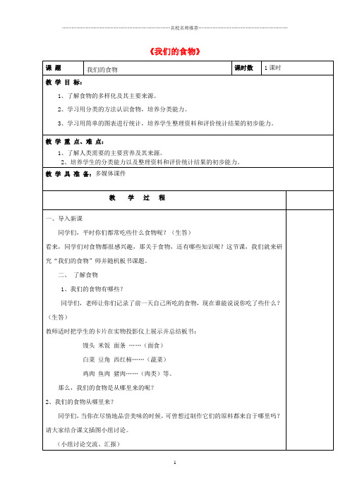 小学五年级科学下册《我们的食物》表格式名师公开课优质教案 青岛版
