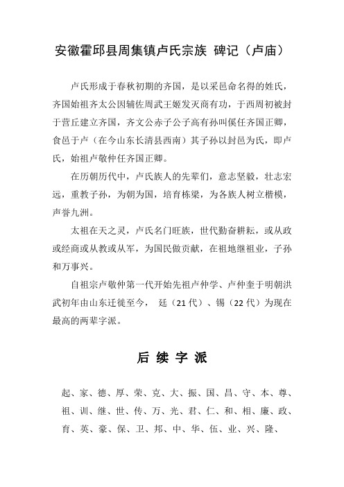 安徽霍邱县周集镇卢氏宗族2014年4月