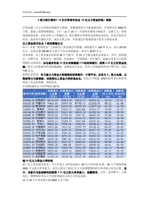 A股大跌忙割肉？18亿外资逆市加仓 46亿主力资金抄底!附股