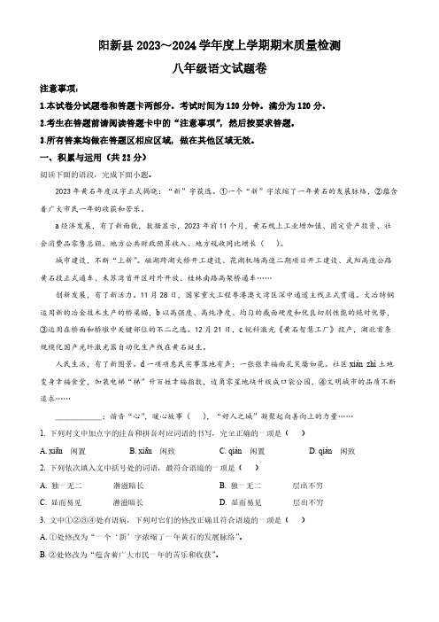 湖北省黄石市阳新县2023-2024学年八年级上学期期末语文试题(解析版)