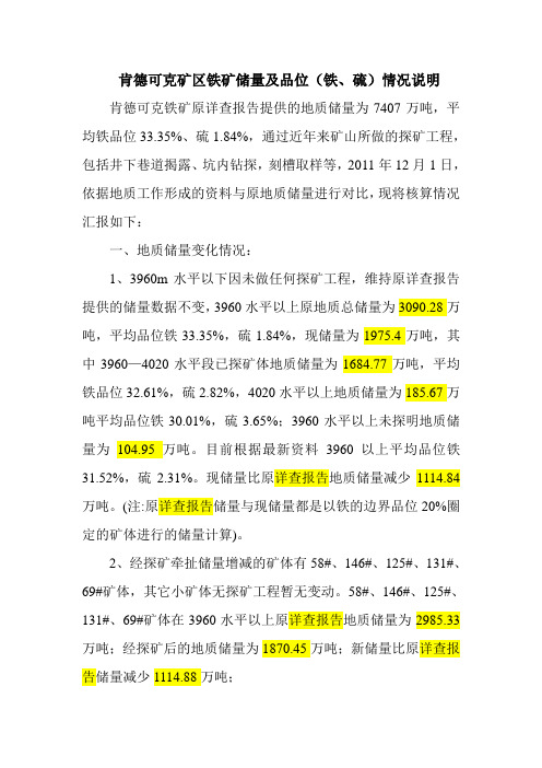 肯德可克矿区铁矿储量及品位(铁、硫)情况说明