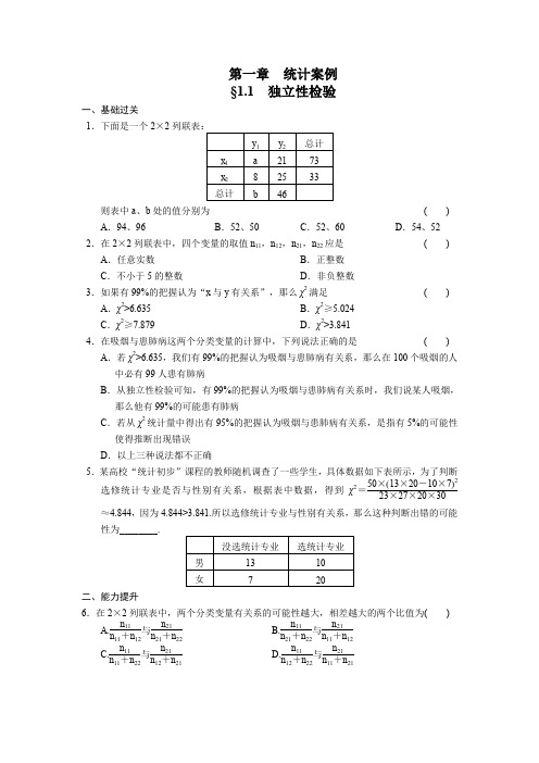 高二数学人教选修1-2同步练习：1.1 独立性检验 Word版含解析