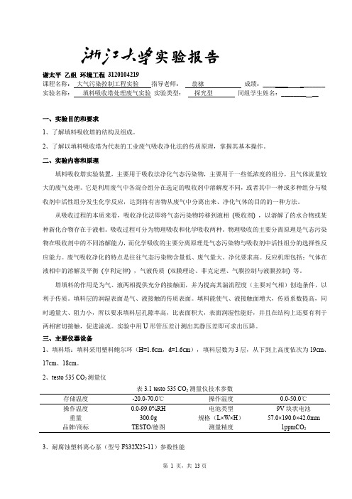 填料塔处理废气实验报告 谢太平