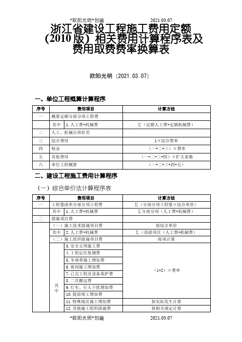 2021年浙江省建设工程施工费用定额(版)相关费用计算程序表及费用取费费率换算表