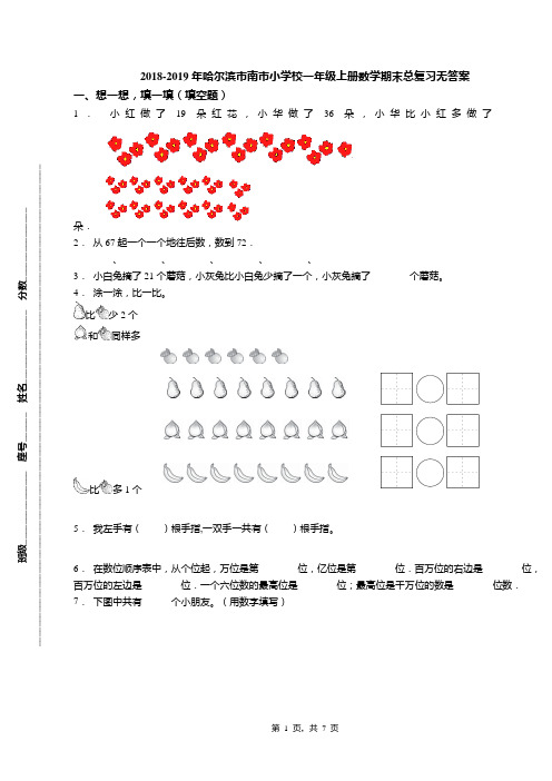 2018-2019年哈尔滨市南市小学校一年级上册数学期末总复习无答案