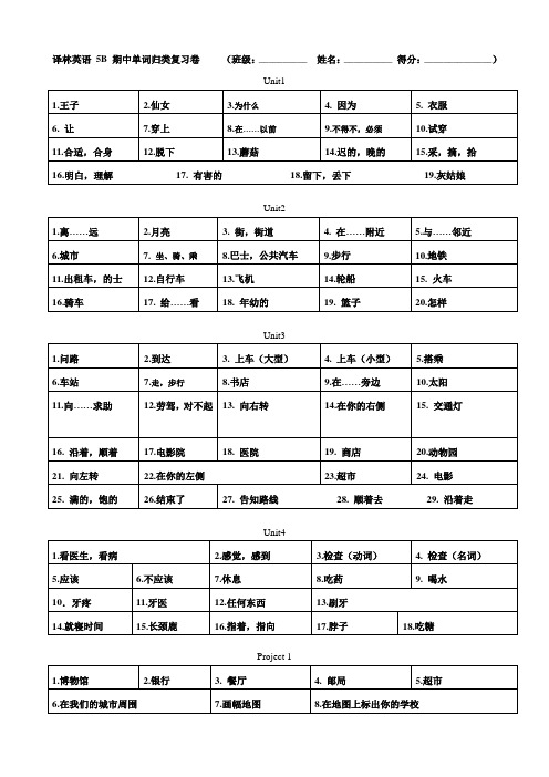 译林英语 5B期中复习单词词组归纳测试 (1)