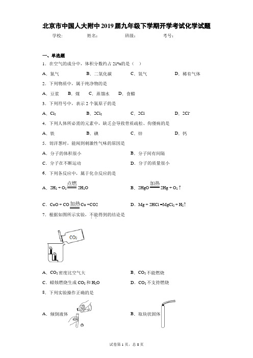 北京市中国人大附中2019届九年级下学期开学考试化学试题及参考答案