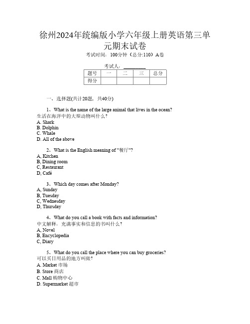 徐州2024年统编版小学六年级上册第1次英语第三单元期末试卷